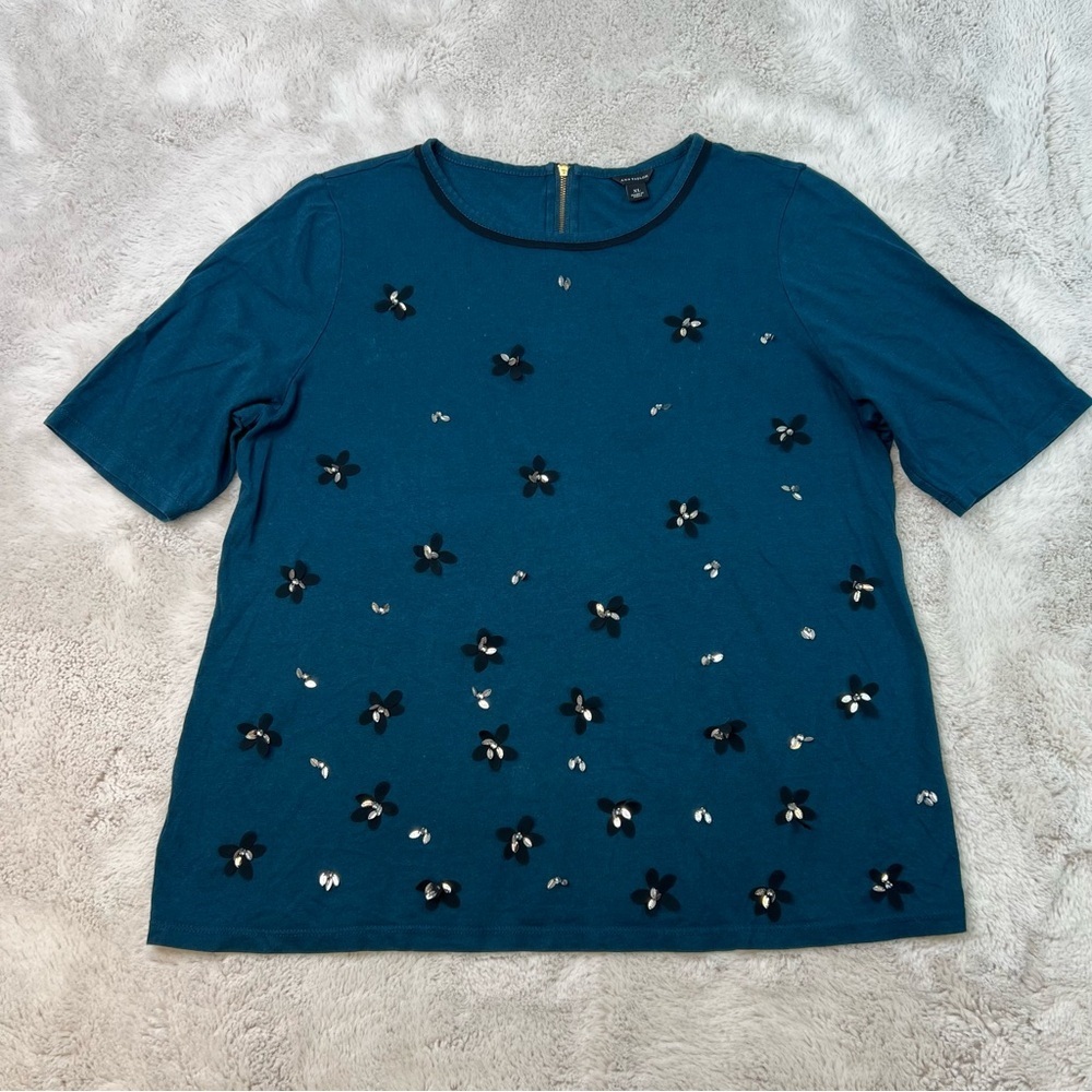 Ann Taylor Embellished Teal Top Sequin Floral Womens Size XL Cotton